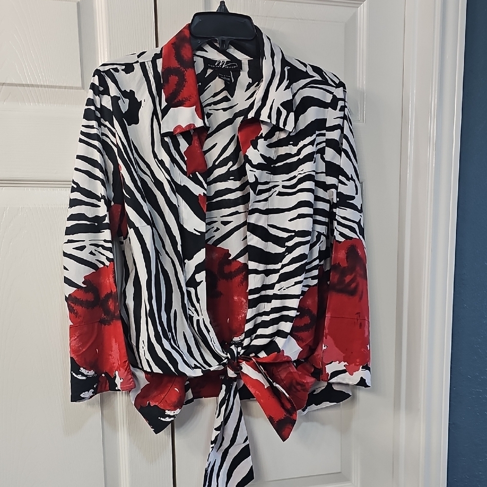 Midnight Velvet Zebra Print Red Rose Open Blouse Tie-Front  Large Colorful - Picture 10 of 10